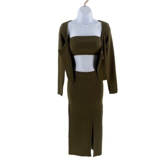Petal & Pup NEW Luna Knitted Matching 3 Piece Set Midi Dress Olive Green Size M - Picture 5 of 13